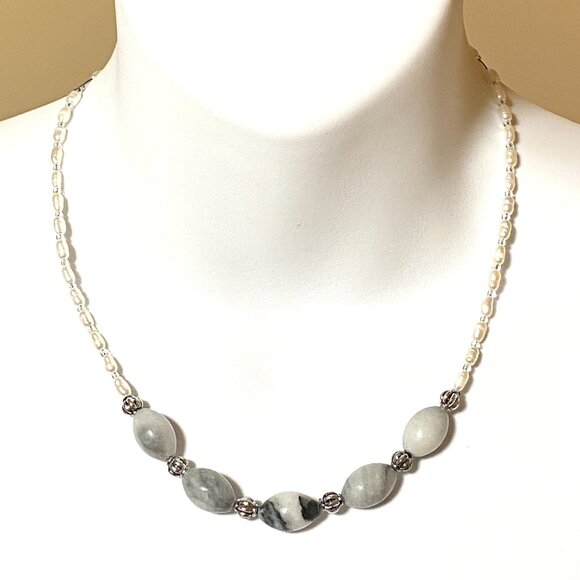 Genuine Grey Anhydrite & White Freshwater Pearl Bib Necklace, Natural Gemstone - Picture 2 of 11
